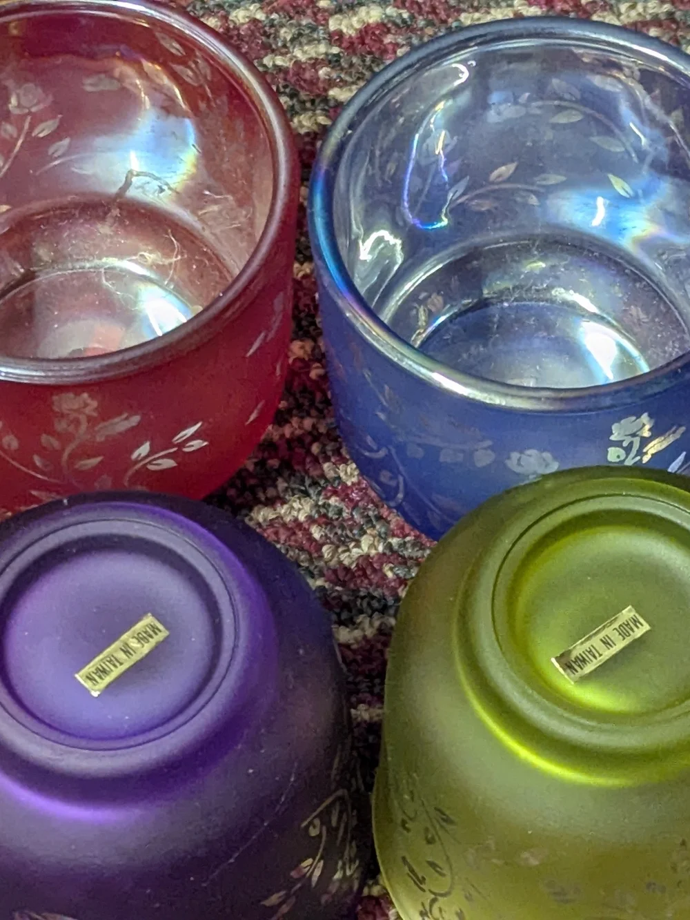 Vintage Floral Frosted Glass Votive Set - Yellow, Purple, Blue, Red